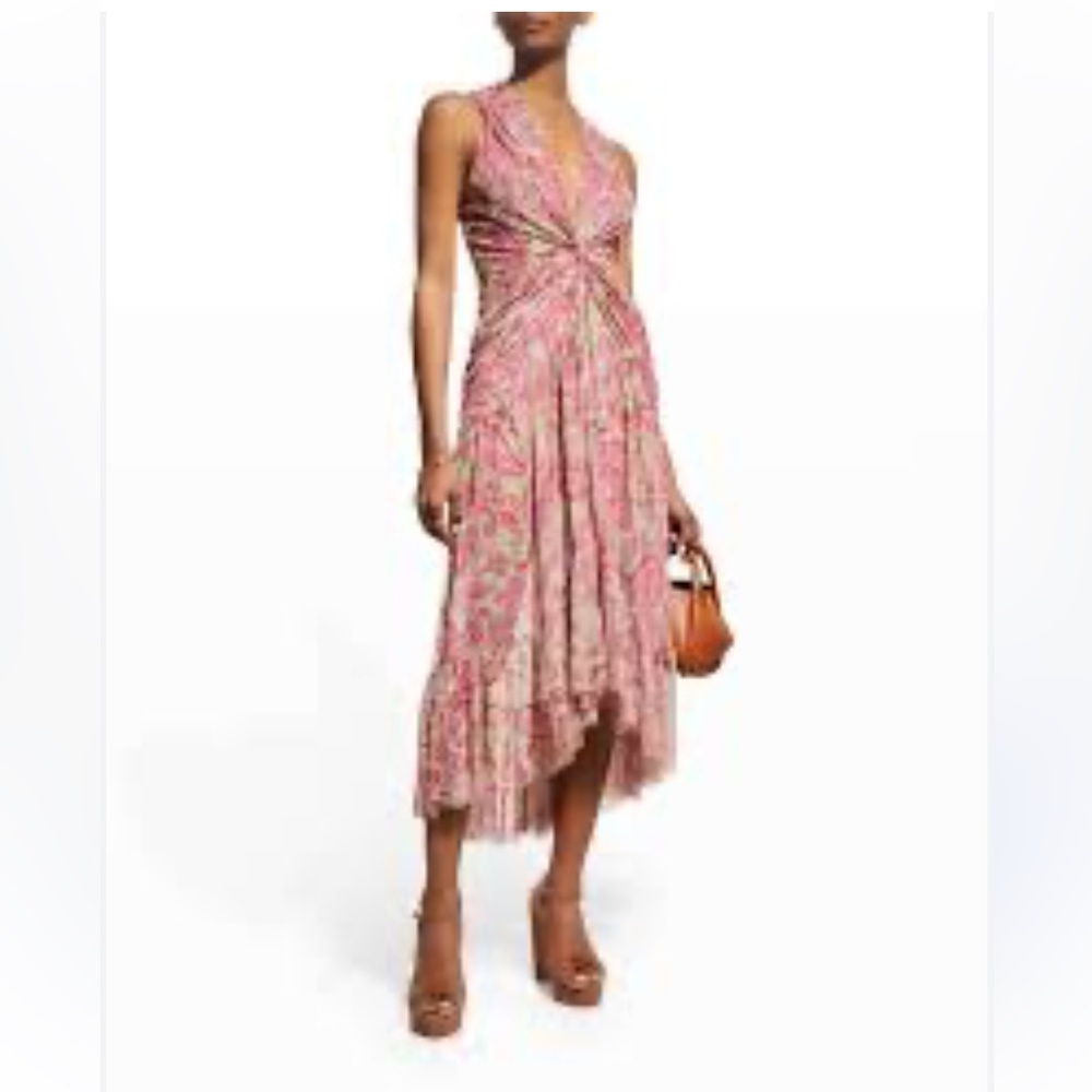 Misa Los Angeles Ava Floral Pink and green paisley gathered ruched stretch Dress - Picture 3 of 9
